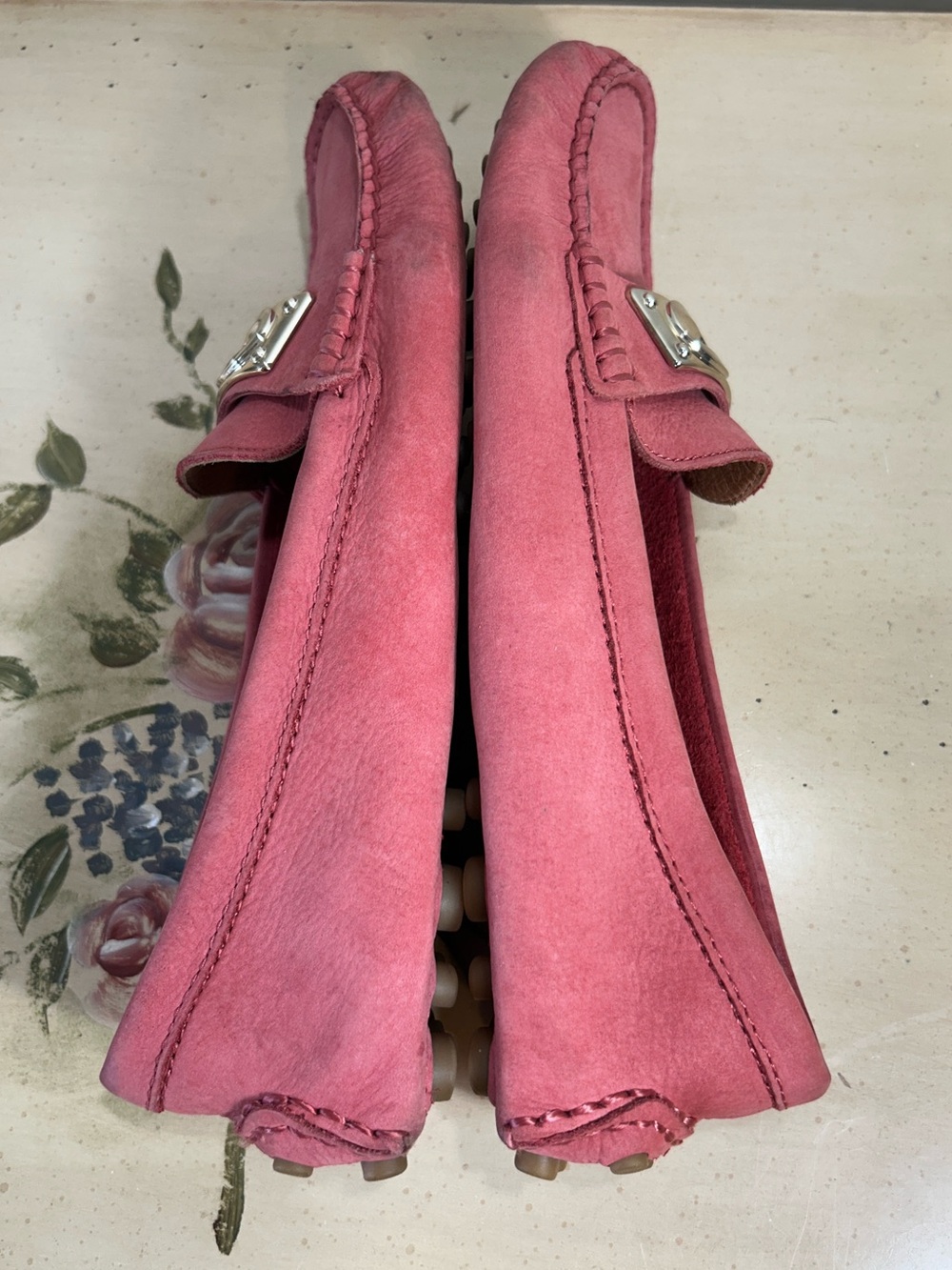 Coach Napoleon Salmon Pink Coral Suede Gold Buckle Driving Loafers - Picture 7 of 15
